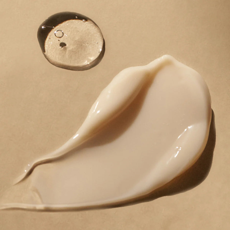 Axis-Y Biome Recharging Night Renewal Set texture reference. Biome Recharging Enhanced Night Balm is a thick and creamy moisturizer with a light beige color, and 10 Panthenol Supporting Concentrate is a clear, rather thick serum.