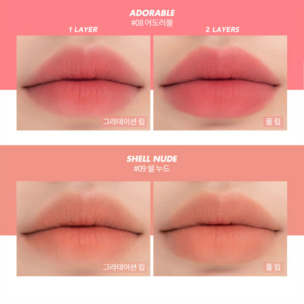 Rom&nd Zero Matte Lipstick sävyt 08 Adorable ja 09 Shell Nude huulilla